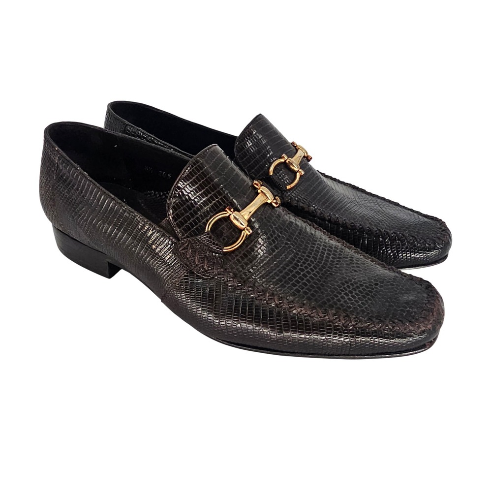 Belvedere Genuine Lizard Leather Loafers 8.5 Brown Gold Horsebit Luxury‎ Formal
